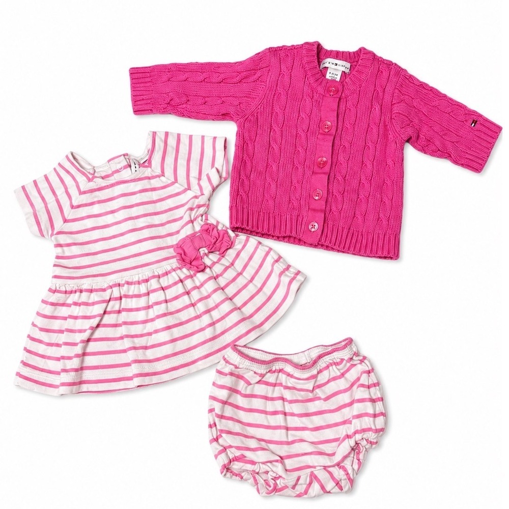 Tommy Hilfiger Baby Girl 0-3M Pink Cable Knit Cardigan Janie Jack Dress Bloomers